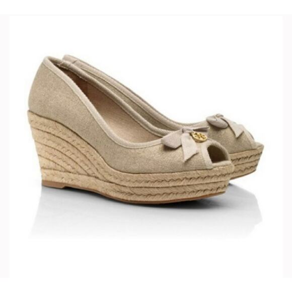 Tory Burch Jackie Canvas Natural Peep-Toe‎ Espadrille Wedges Metallic sheen 7.5 - Picture 1 of 12